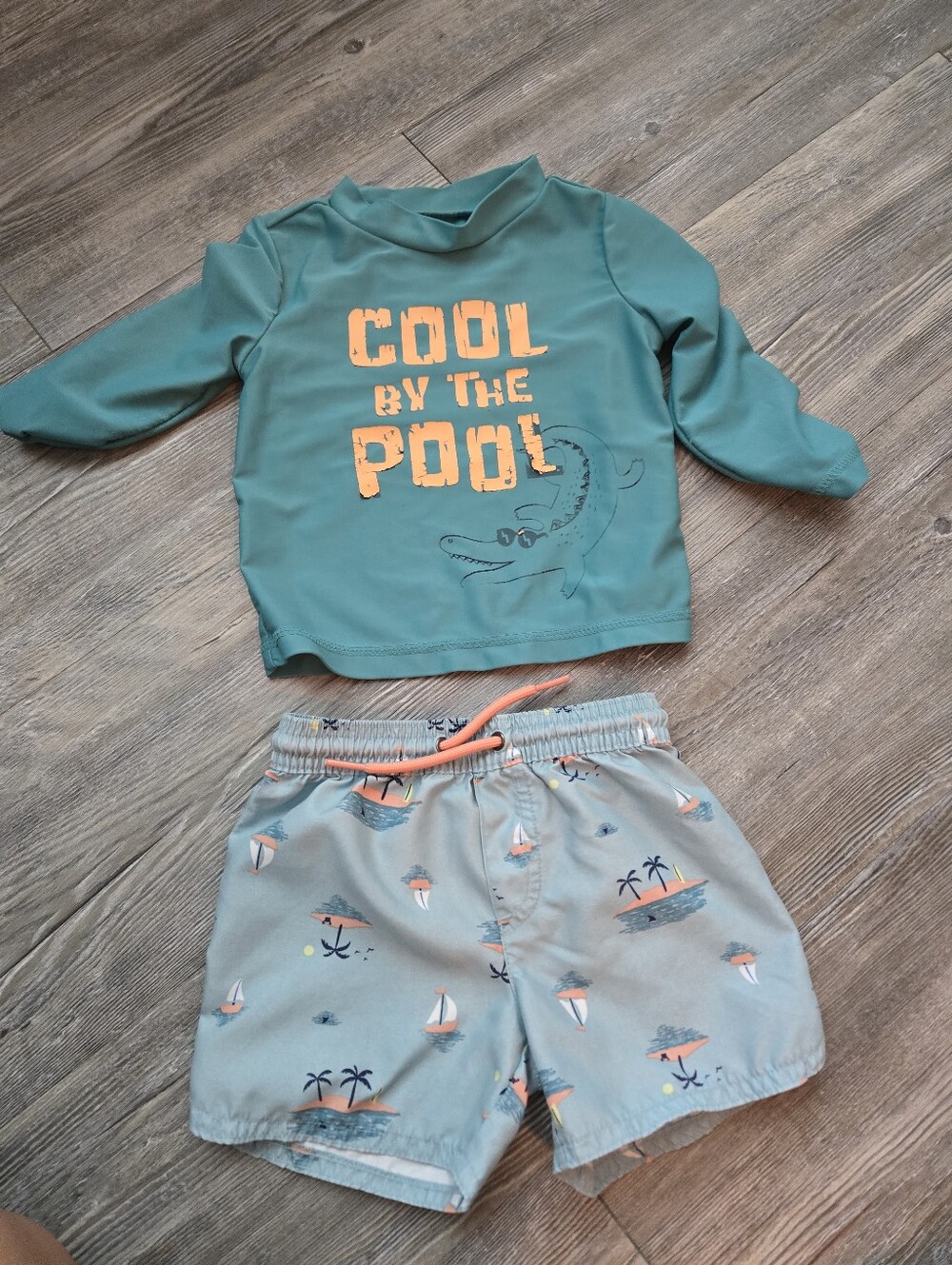 18M Boys Kids Teal 'Cool by the Pool' Rash Guard and Swim Shorts Set